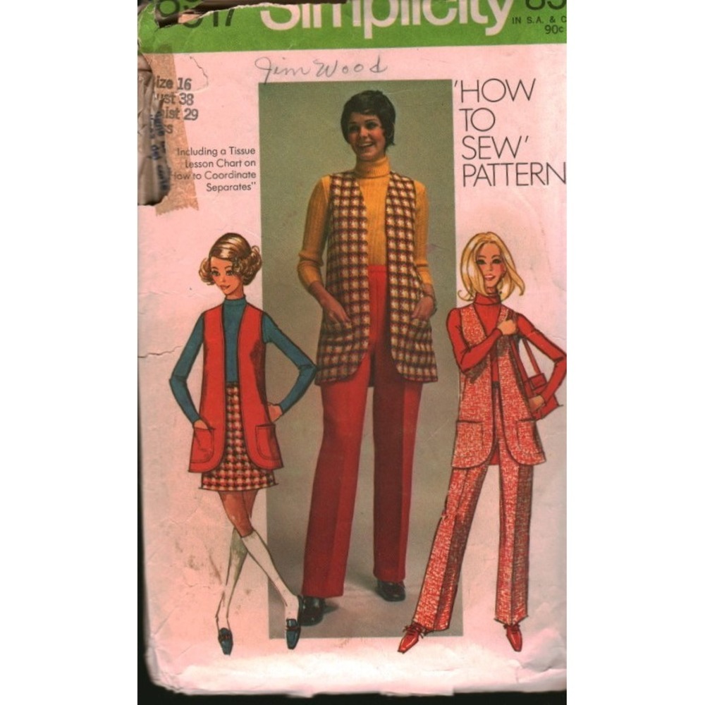 Vintage Simplicity 8917 Sewing Pattern Misses Vest Mini Skirt Pants Size 16 Mod